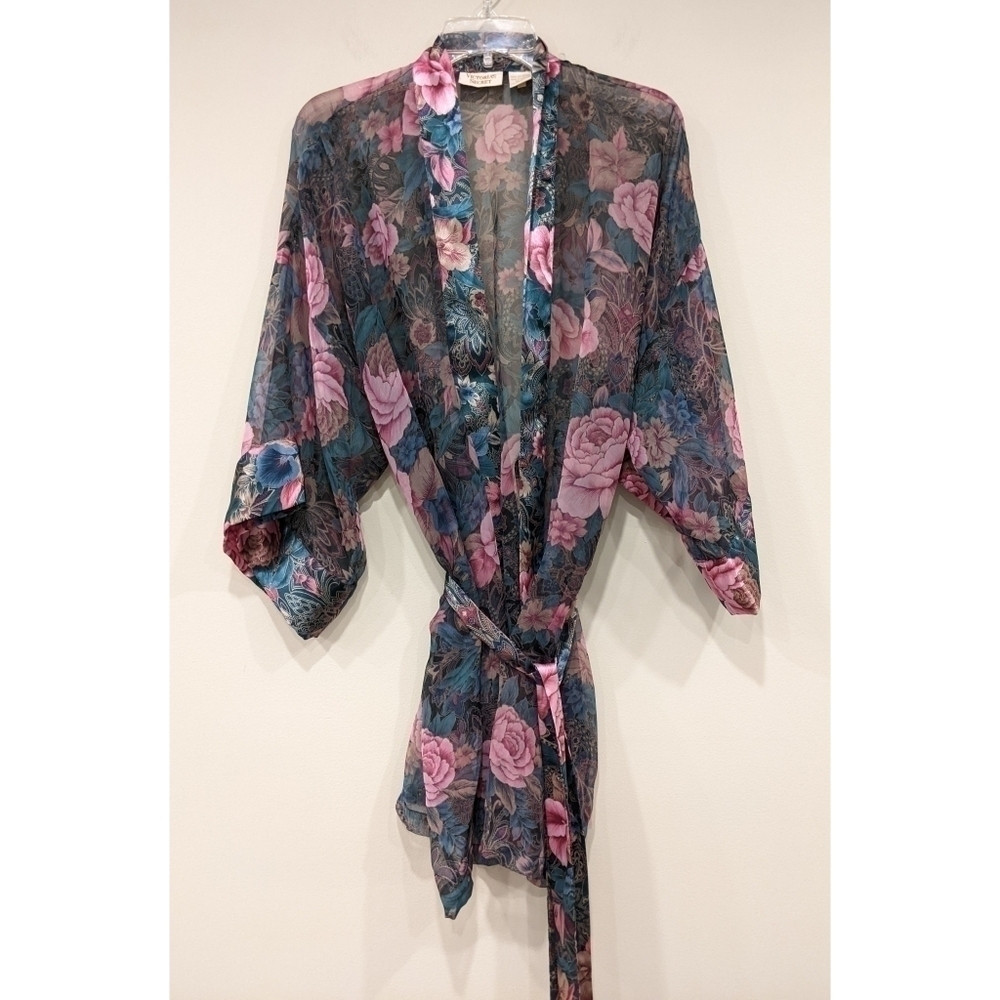 Victoria's Secret Vintage Gold Label Sheer Floral Kimono Robe with Sash